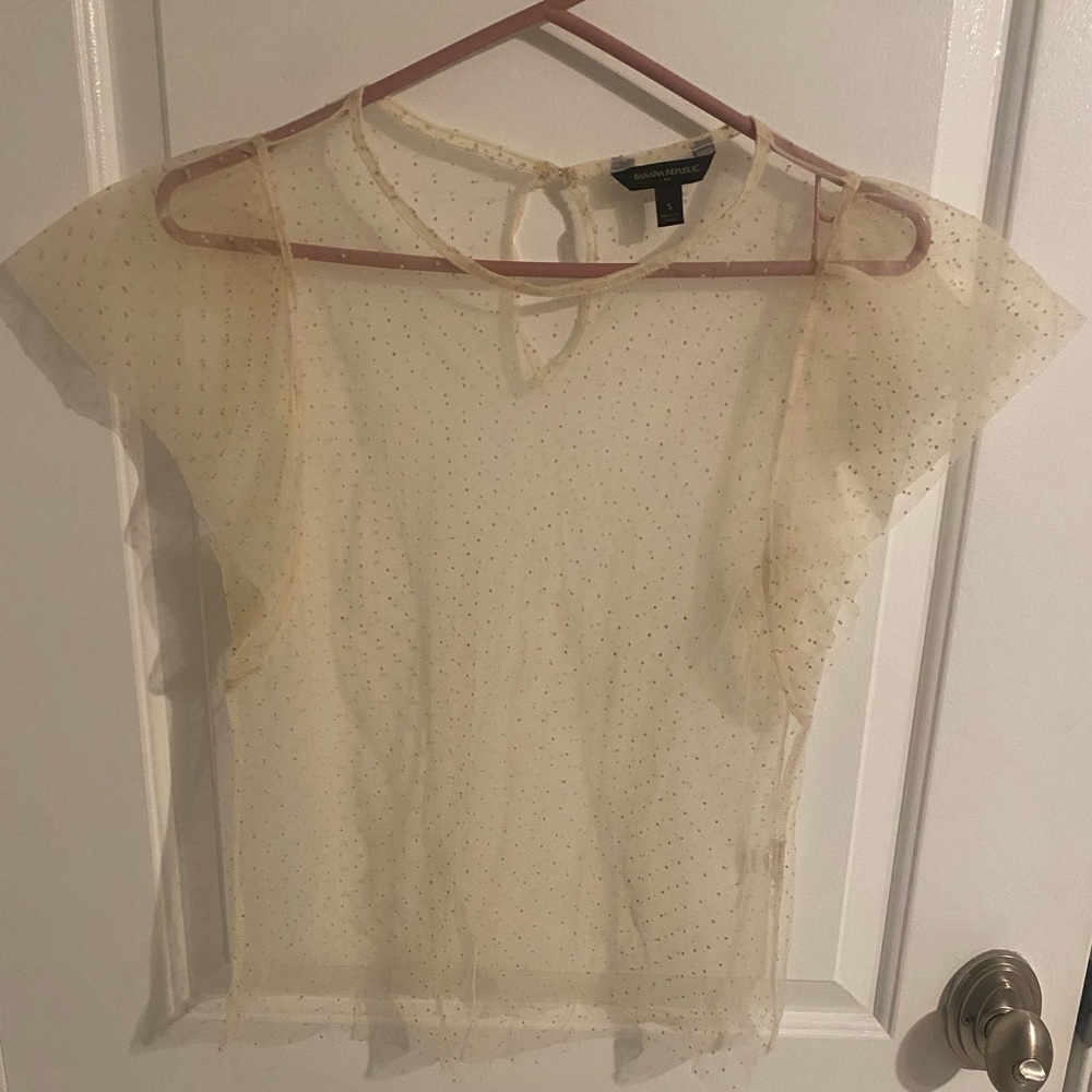 Banana Republic Off White Transparent Mesh Lace Trim Ruffle Sleeve Blouse Top
